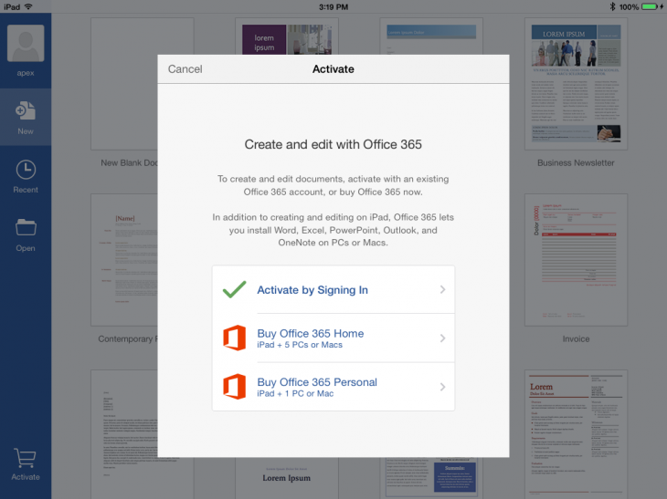 Подписка Office 365 через iPad