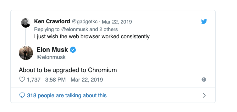 Веб-браузер в Tesla перейдет на Chromium